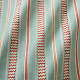 A multicoloured – blue, red and pink – printed linen fabric sample featuring stripes, wavy edges and zigzags.
