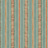 A multicoloured – blue, red and pink – printed linen fabric sample featuring stripes, wavy edges and zigzags.