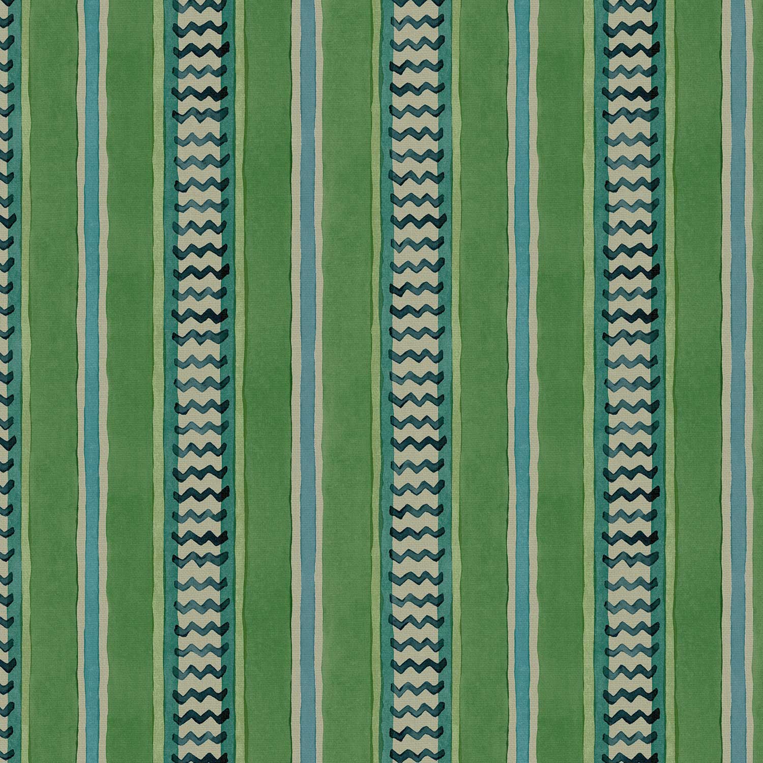 A multicoloured – green and blue – printed linen fabric sample featuring stripes, wavy edges and zigzags.