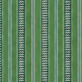A multicoloured – green and blue – printed linen fabric sample featuring stripes, wavy edges and zigzags.