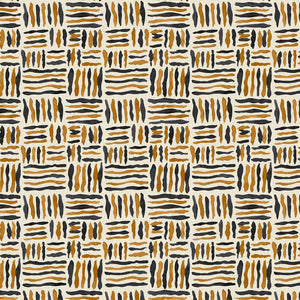 A printed linen fabric sample in black, orange and off white featuring a basketweave pattern.