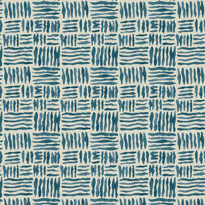 A printed linen fabric sample in blue and off white featuring a basketweave pattern.