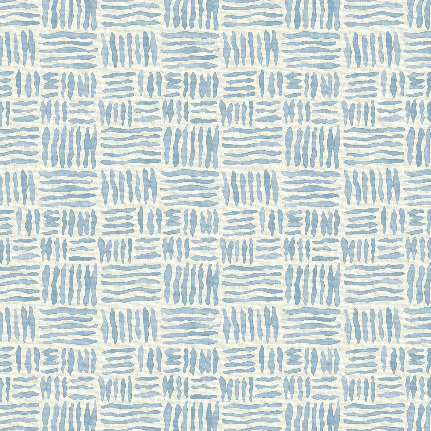 A printed linen fabric sample in blue and off white featuring a basketweave pattern.