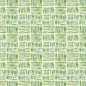 A printed linen fabric sample in green, blue and off white featuring a basketweave pattern.