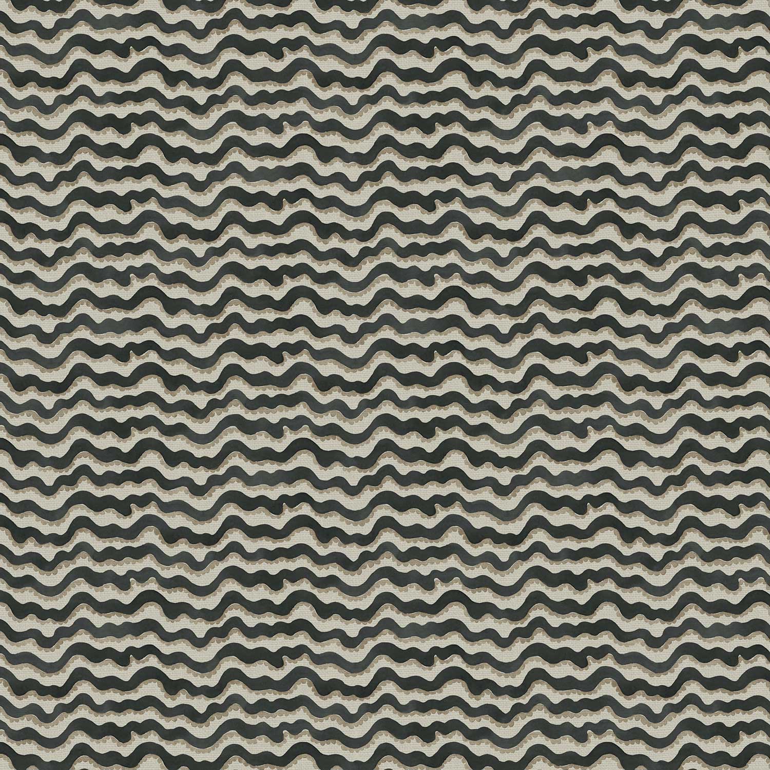 A printed linen fabric sample in black, brown and off white featuring a sound wave pattern