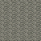 A printed linen fabric sample in black, brown and off white featuring a sound wave pattern