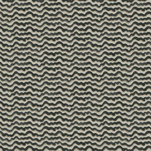 A printed linen fabric sample in black, brown and off white featuring a sound wave pattern
