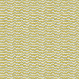 A printed linen fabric sample in yellow, blue and off white featuring a sound wave pattern