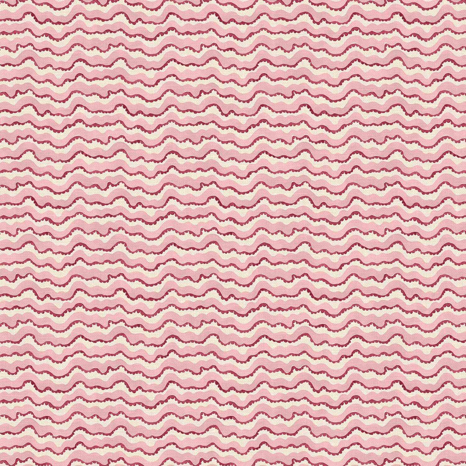 A printed linen fabric sample in  pink, red and off white featuring a sound wave pattern