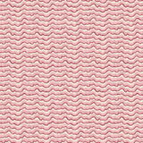 A printed linen fabric sample in  pink, red and off white featuring a sound wave pattern