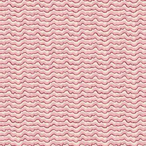 A printed linen fabric sample in  pink, red and off white featuring a sound wave pattern