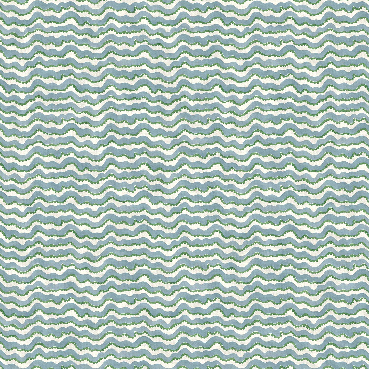 A printed linen fabric sample in blue, green and off white featuring a sound wave pattern