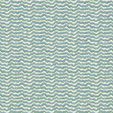 A printed linen fabric sample in blue, green and off white featuring a sound wave pattern