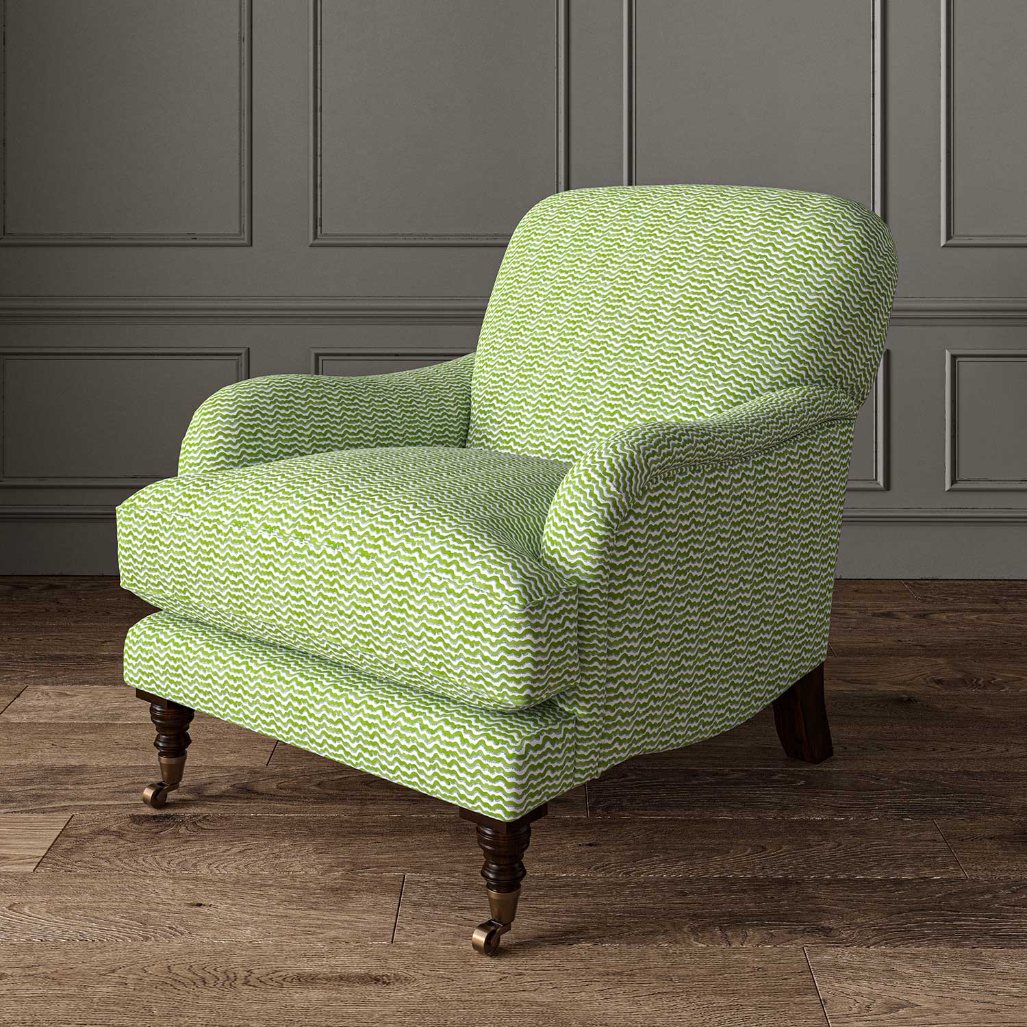 Chair upholstered in a printed linen fabric in blue, green and off white featuring a sound wave pattern