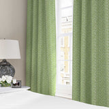 Curtains made from a printed linen fabric in blue, green and off white featuring a sound wave pattern
