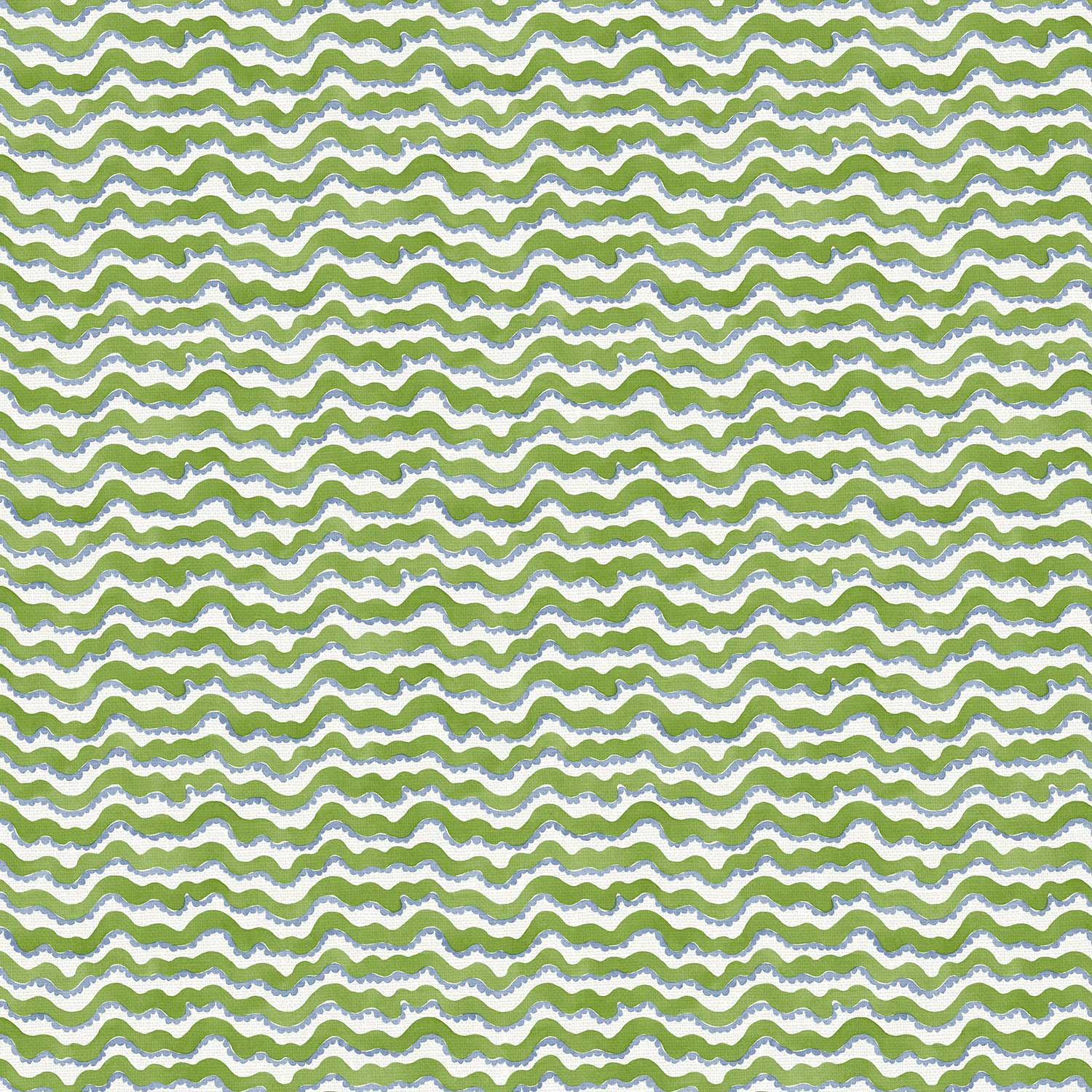 A printed linen fabric sample in blue, green and off white featuring a sound wave pattern