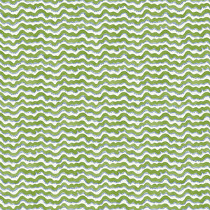 A printed linen fabric sample in blue, green and off white featuring a sound wave pattern
