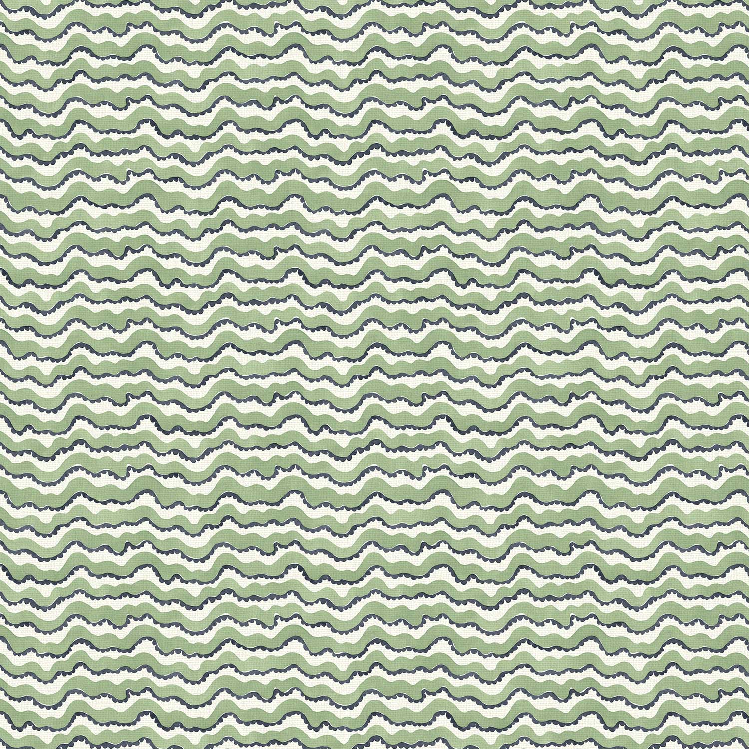 A printed linen fabric sample in green, black and off white featuring a sound wave pattern
