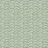 A printed linen fabric sample in green, black and off white featuring a sound wave pattern