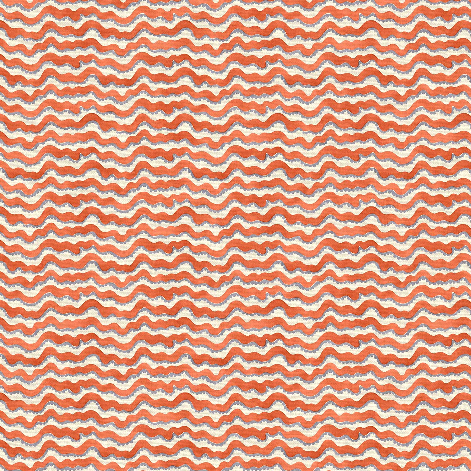 A printed linen fabric sample in red, blue and off white featuring a sound wave pattern