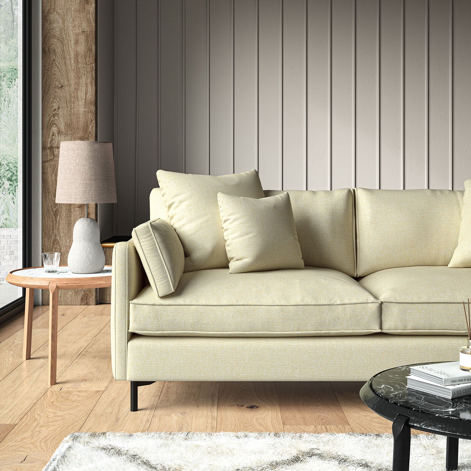 Woven cream coloured fabric on a sofa