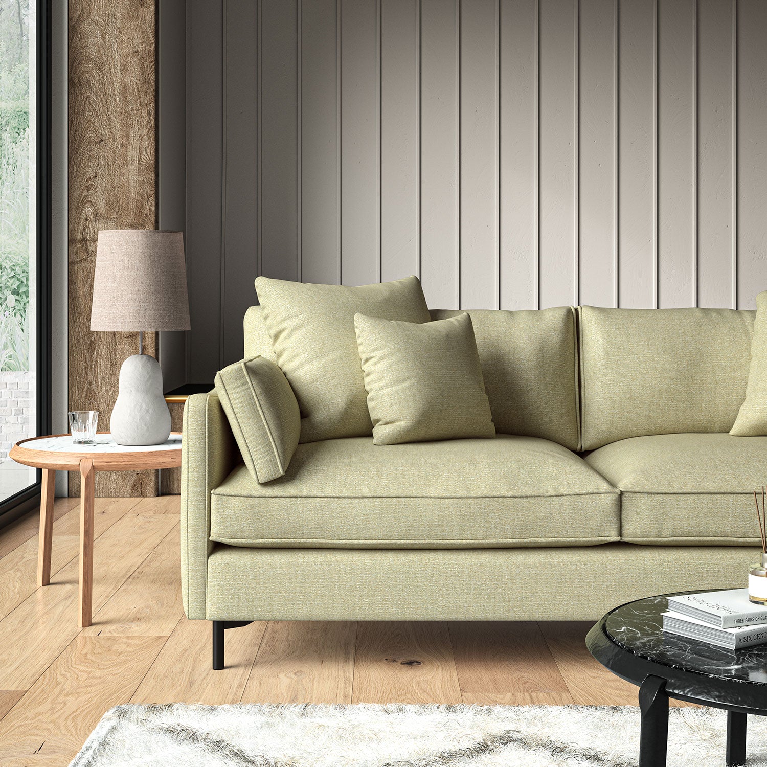 Woven cream coloured fabric on a sofa