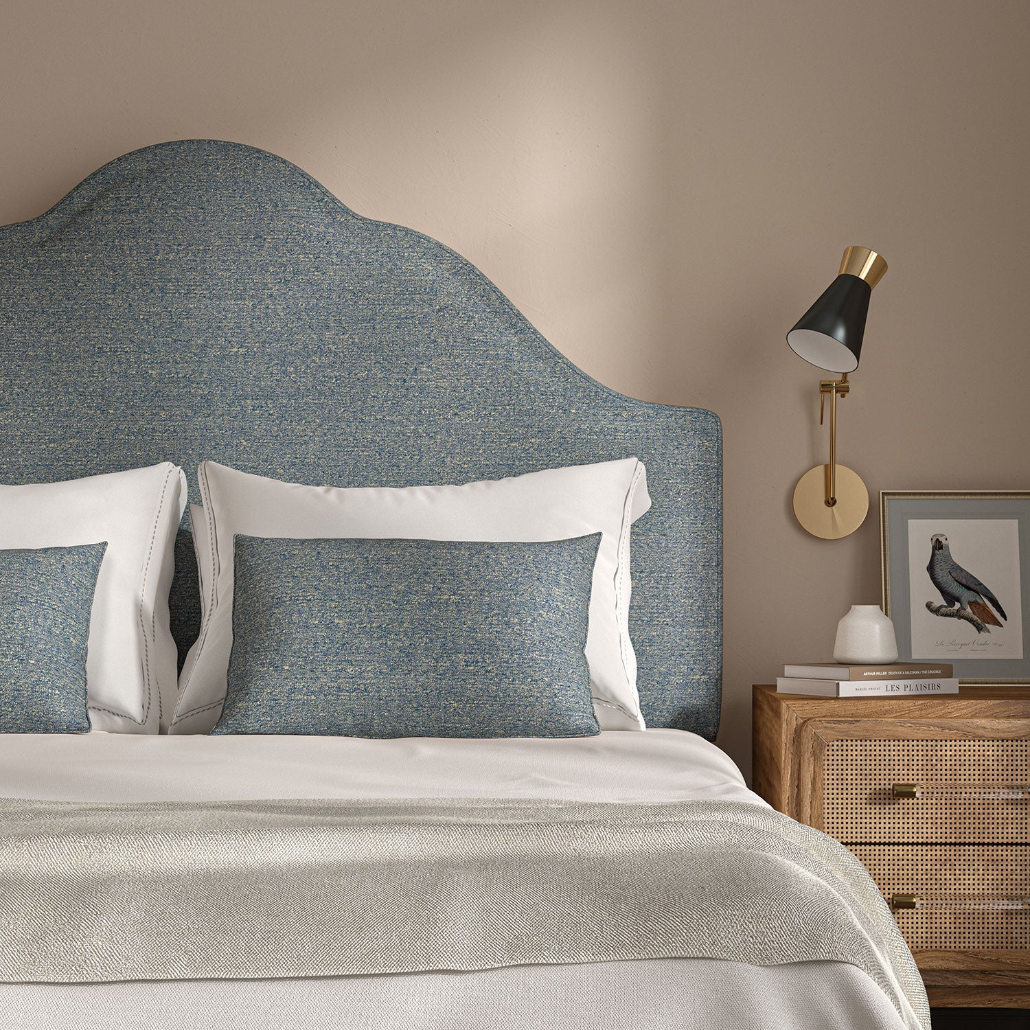 Woven blue coloured fabric on a headboard