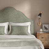 Woven blue coloured fabric on a headboard