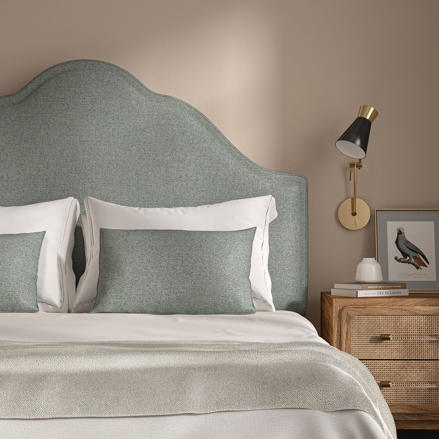 Woven blue coloured fabric on a headboard