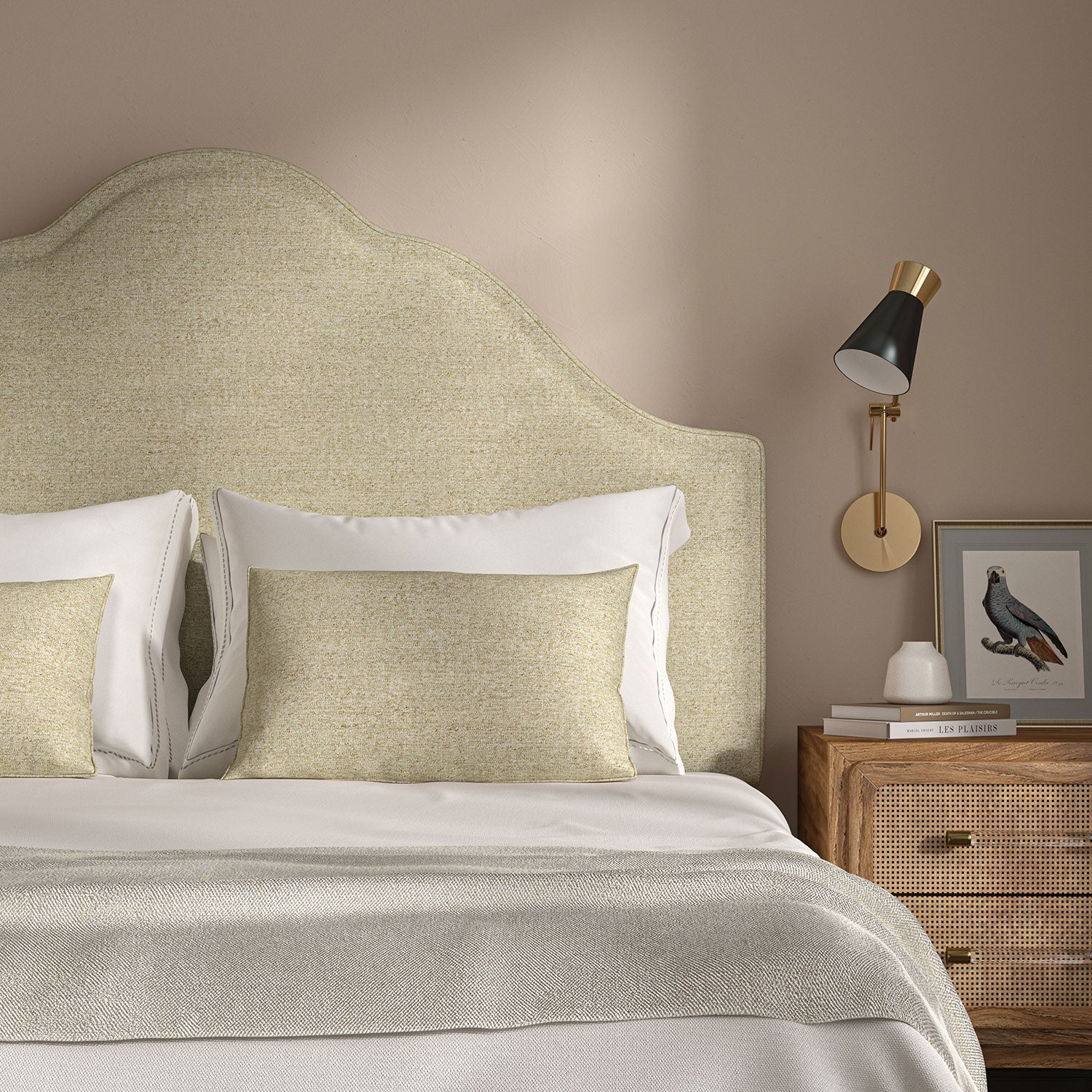 Woven light neutral coloured fabric on a headboard