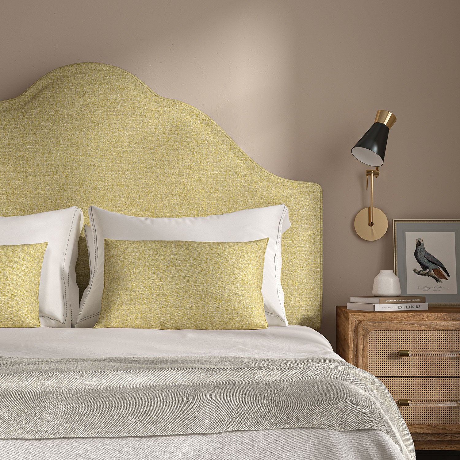 Woven light yellow coloured fabric on a headboard