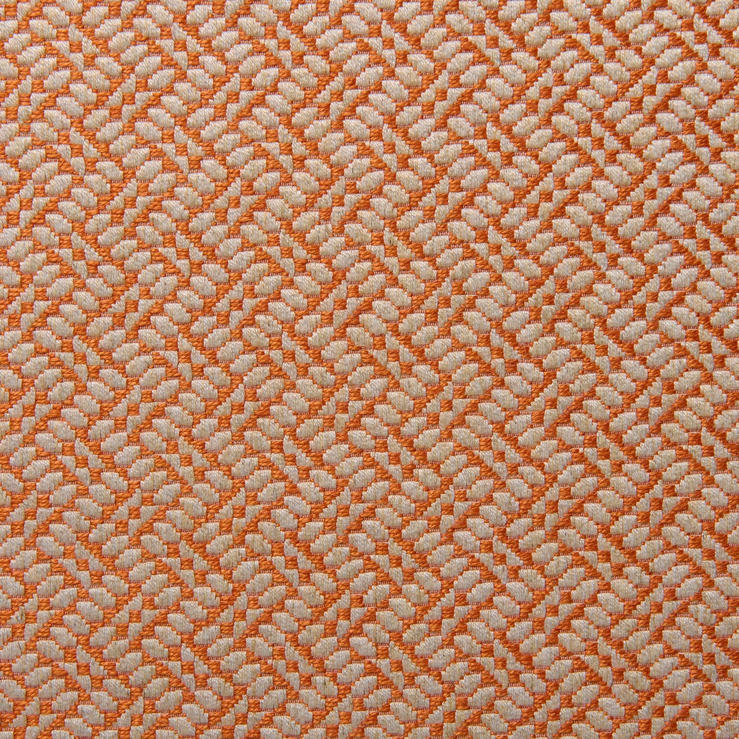 A woven fabric sample in orange and off-white featuring a trellis pattern.