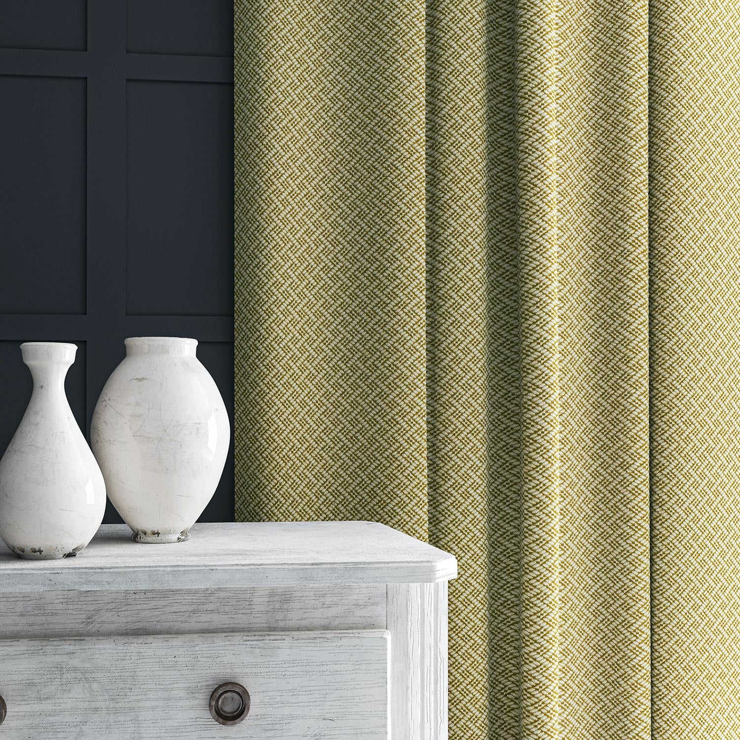 Curtain in yellow and off-white woven fabric featuring a trellis pattern.
