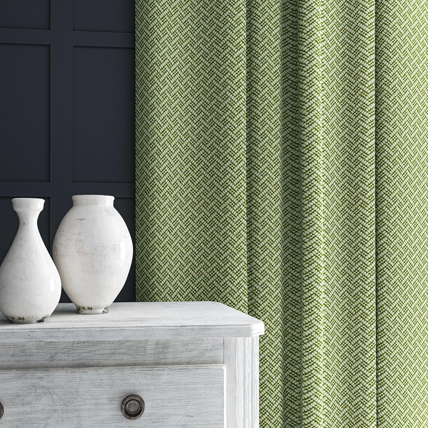 Curtain in green and off-white woven fabric featuring a trellis pattern.
