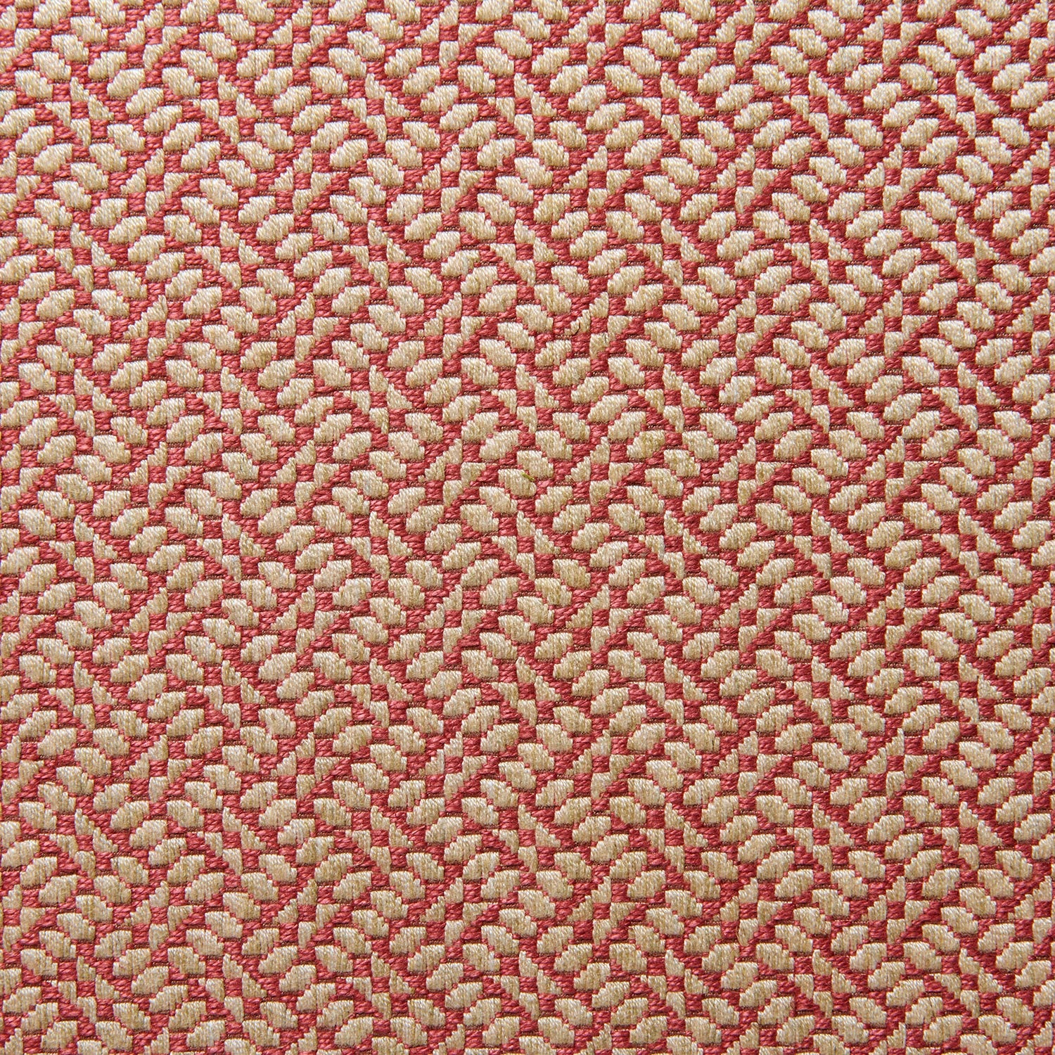 A woven fabric sample in red and off-white featuring a trellis pattern.