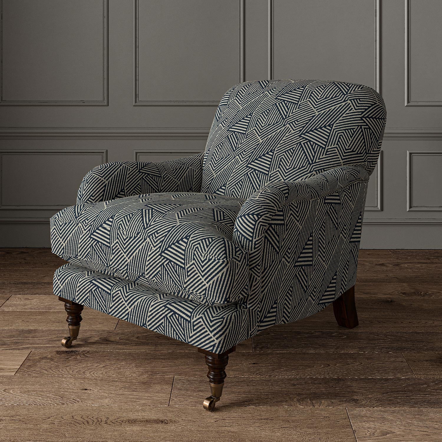Chair upholstered in a blue and off-white woven fabric featuring a geometric pattern.