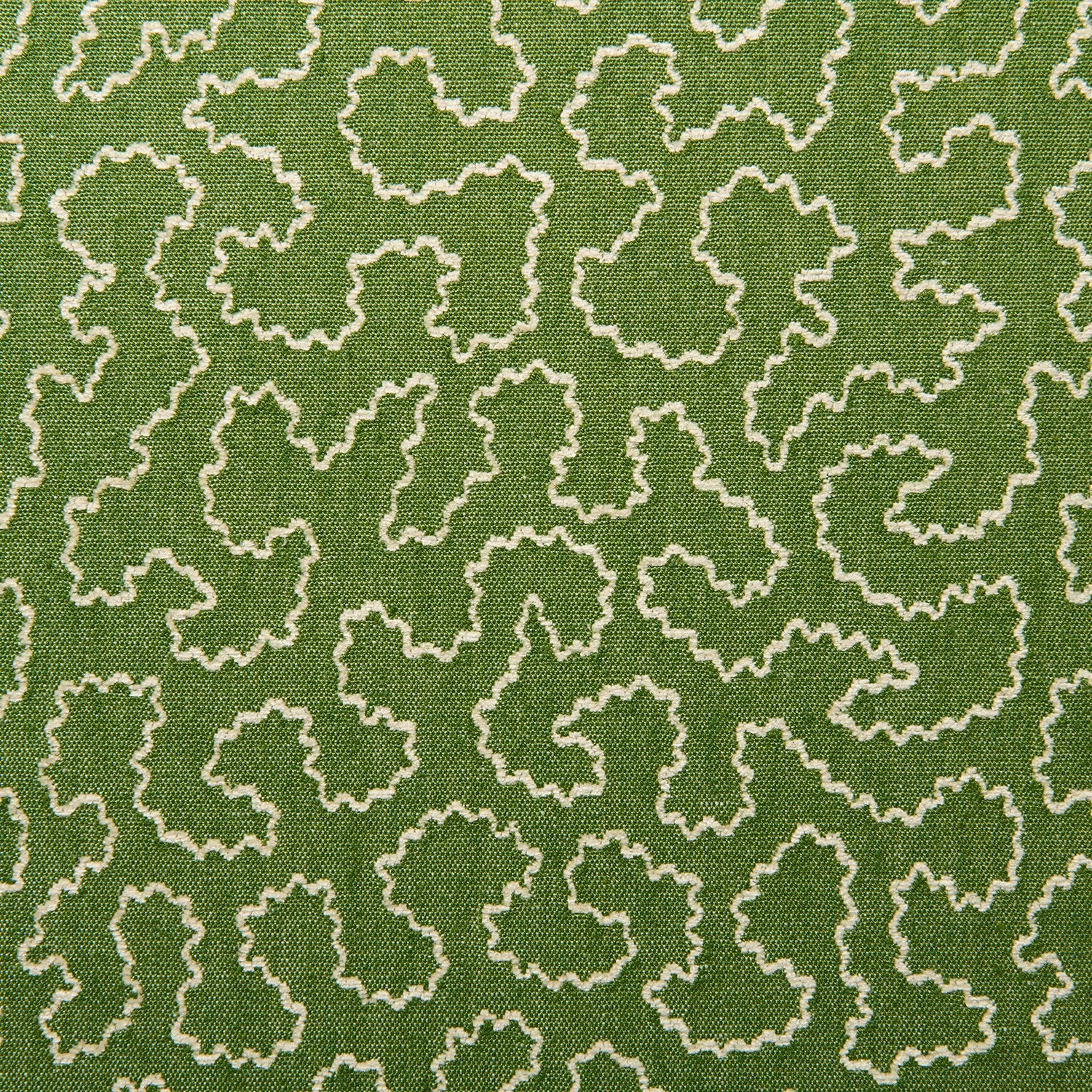 A woven fabric sample in green and off-white featuring a wavy pattern.