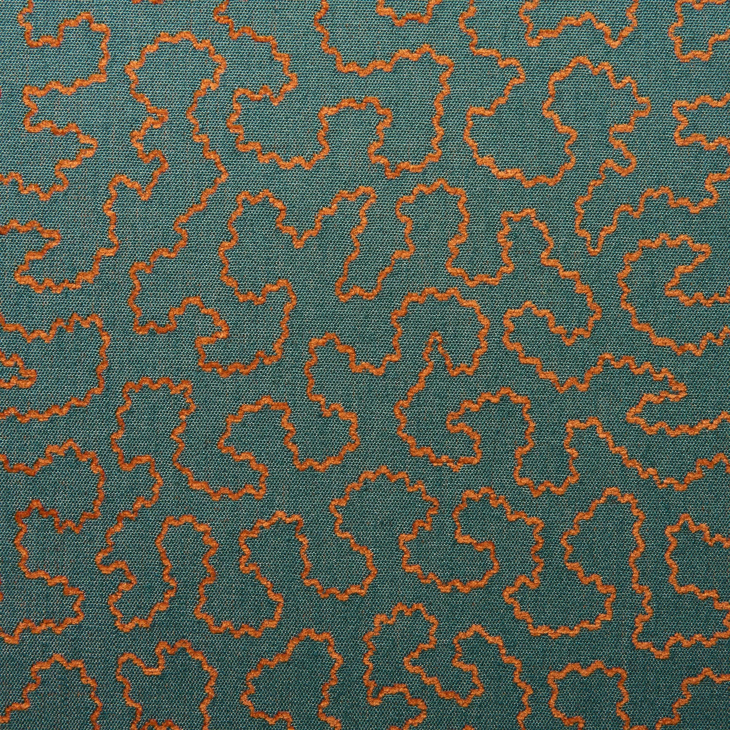 A woven fabric sample in blue and orange featuring a wavy pattern.