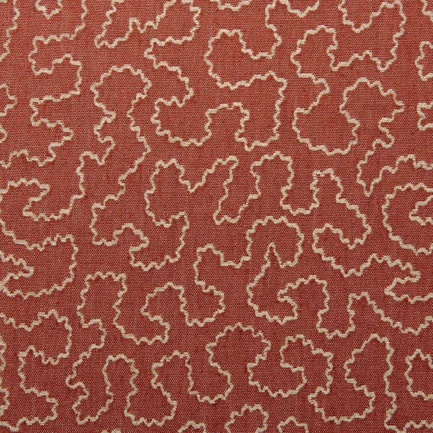 A woven fabric sample in red and off-white featuring a wavy pattern.
