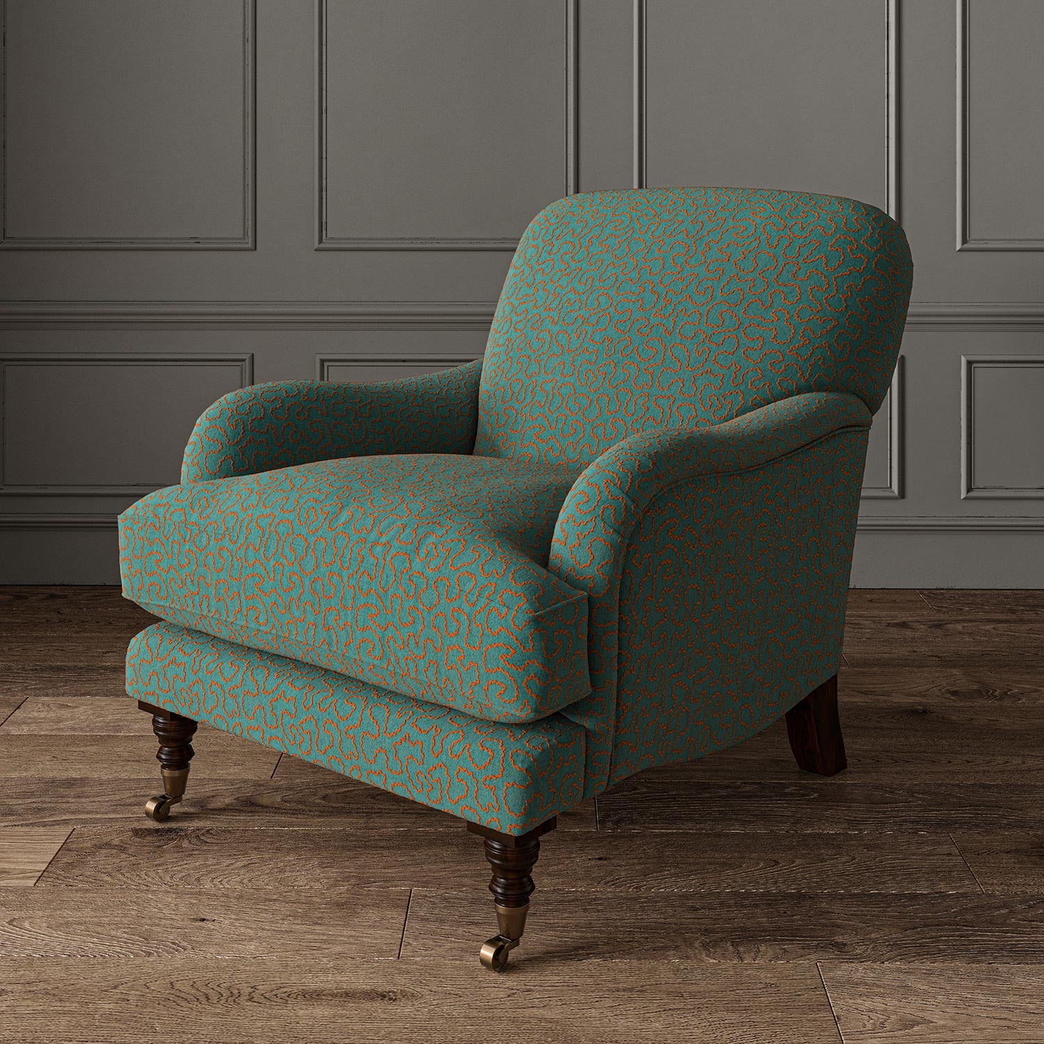 Chair upholstered in a blue and orange woven fabric featuring a wavy pattern.