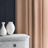 Curtain in pink and off-white woven fabric featuring a wavy pattern.