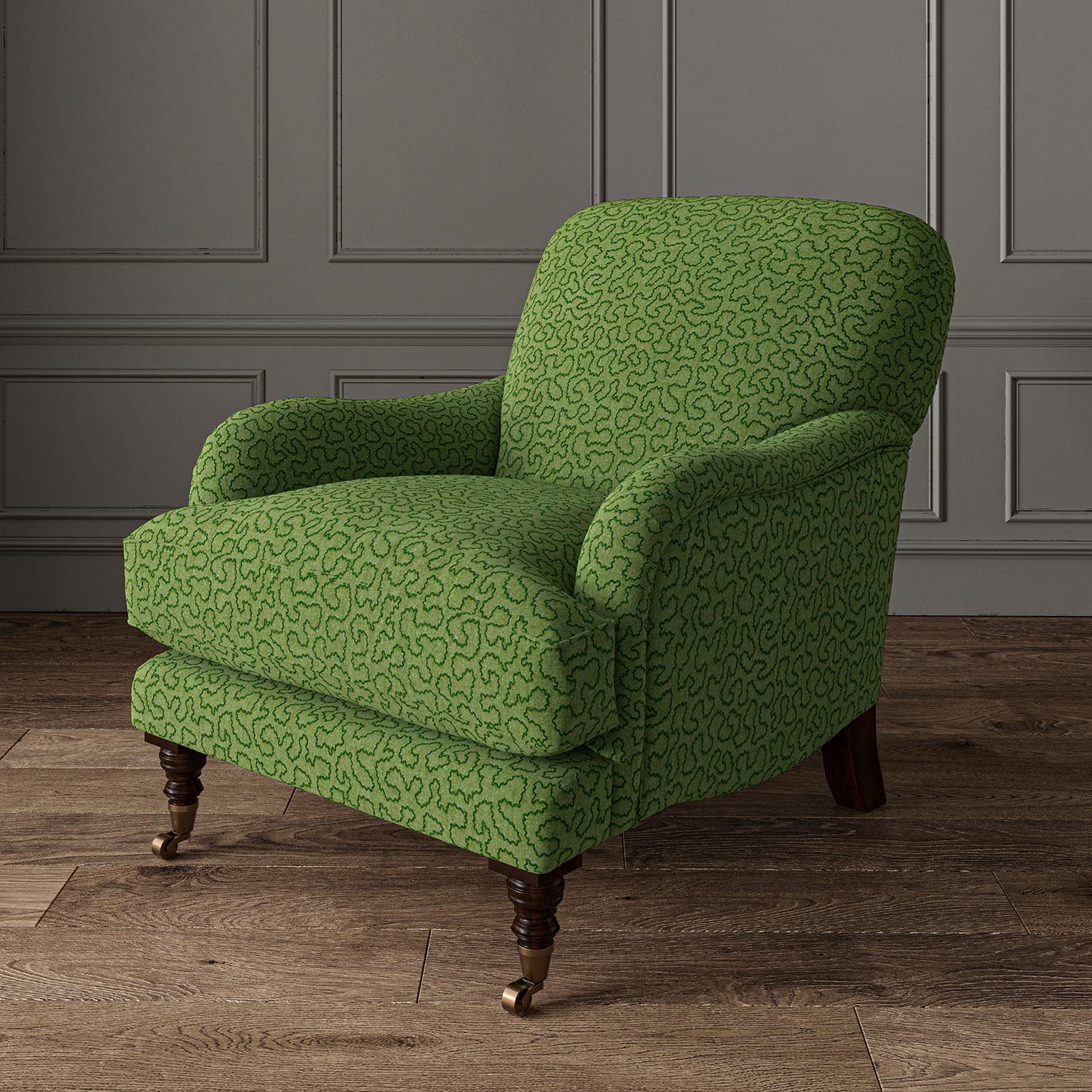 Chair upholstered in a green woven fabric featuring a wavy pattern.