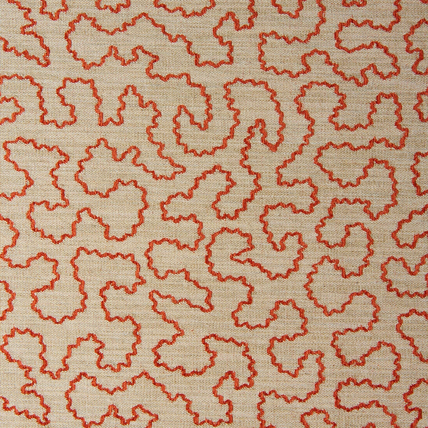 A woven fabric sample in red and beige featuring a wavy pattern.