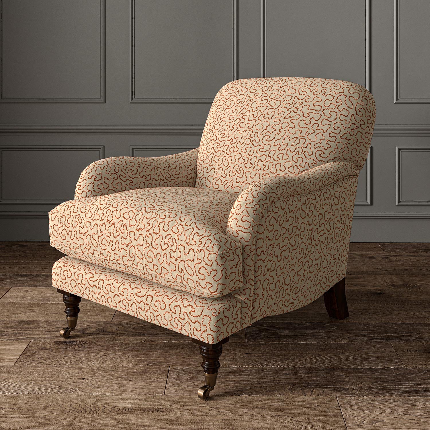 Chair upholstered in a red and beige woven fabric featuring a wavy pattern.