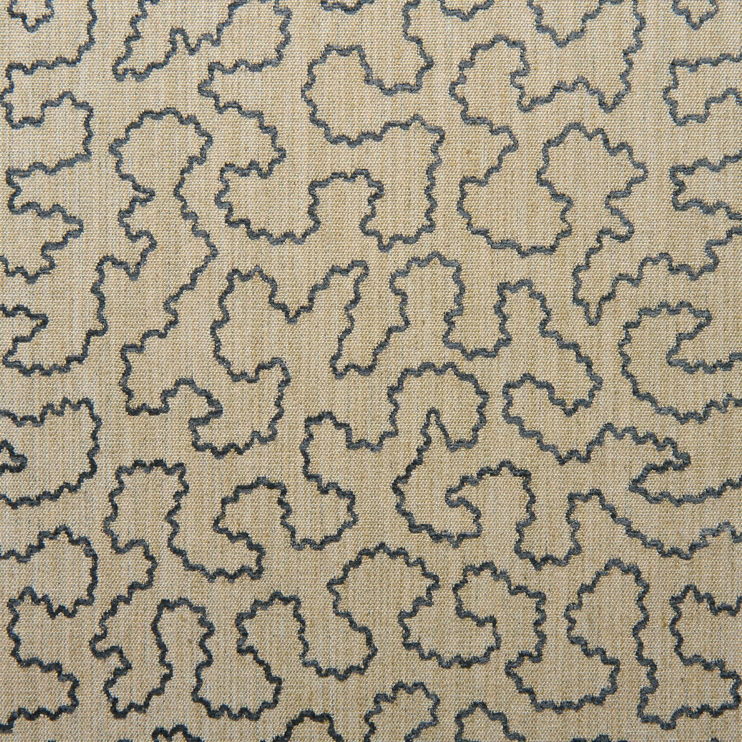 A woven fabric sample in blue and beige featuring a wavy pattern.