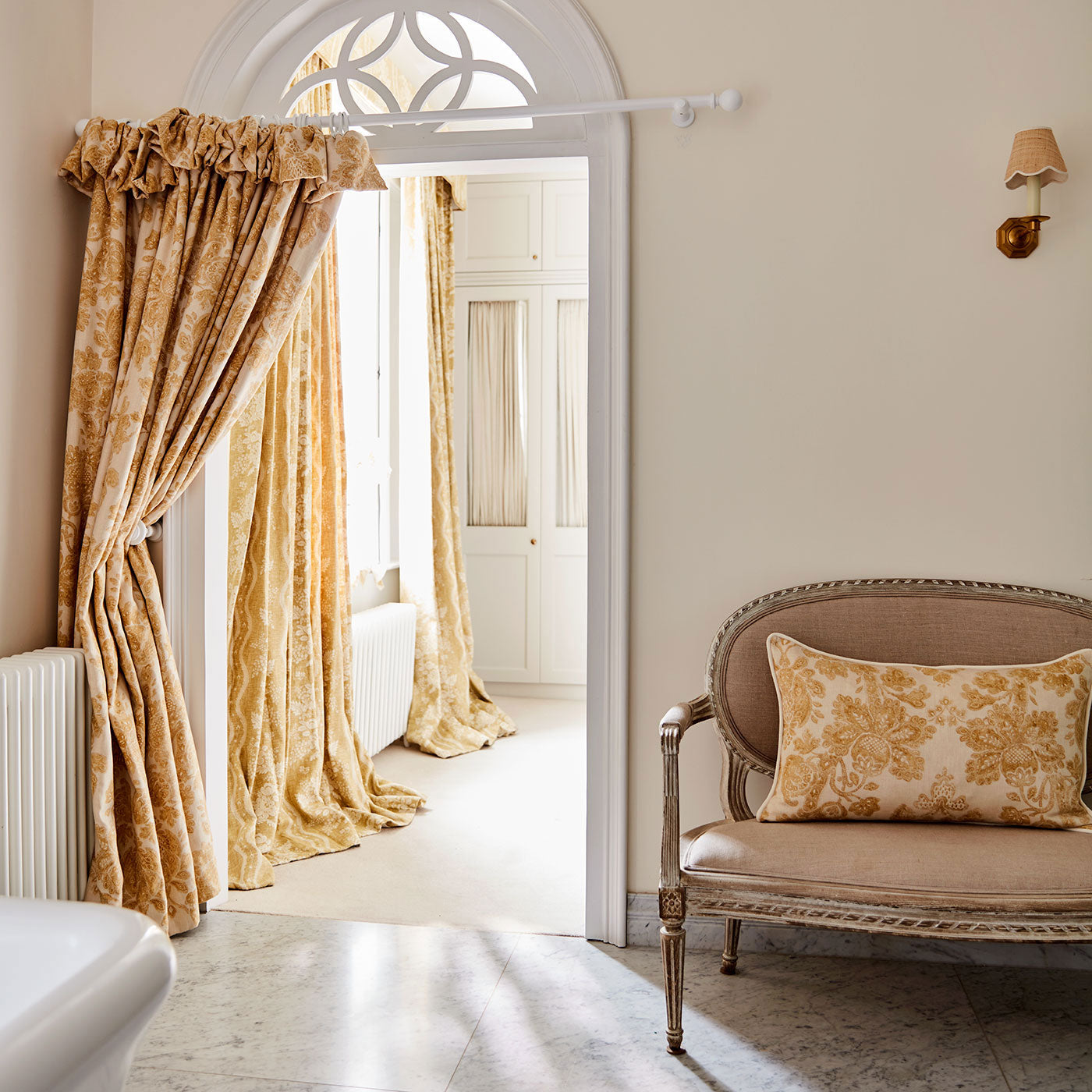 Curtains in a classic yellow floral damask fabric