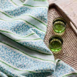 Printed linen fabric sample – fresh bands of jolly colours in blue, green and cream
