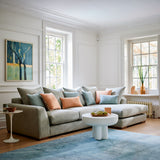 Blue sofa upholstered in a versatile woven fabric.