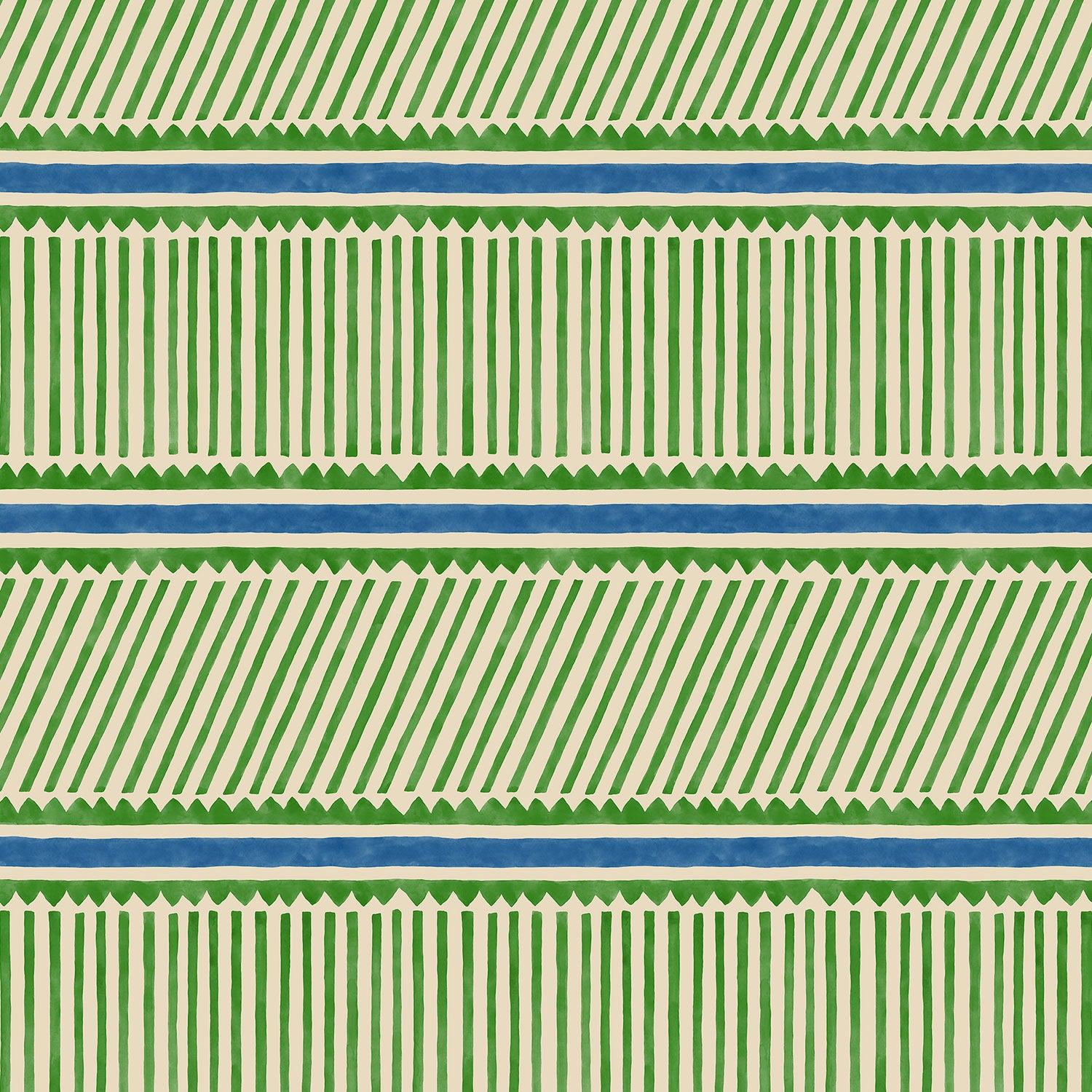 Sample of a playful green and blue wallpaper with a combination of tonal stripes, zigzags, and matching colour bands.