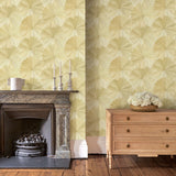 Living room featuring a contemporary floral wallpaper with tropical palms in neutral shades.